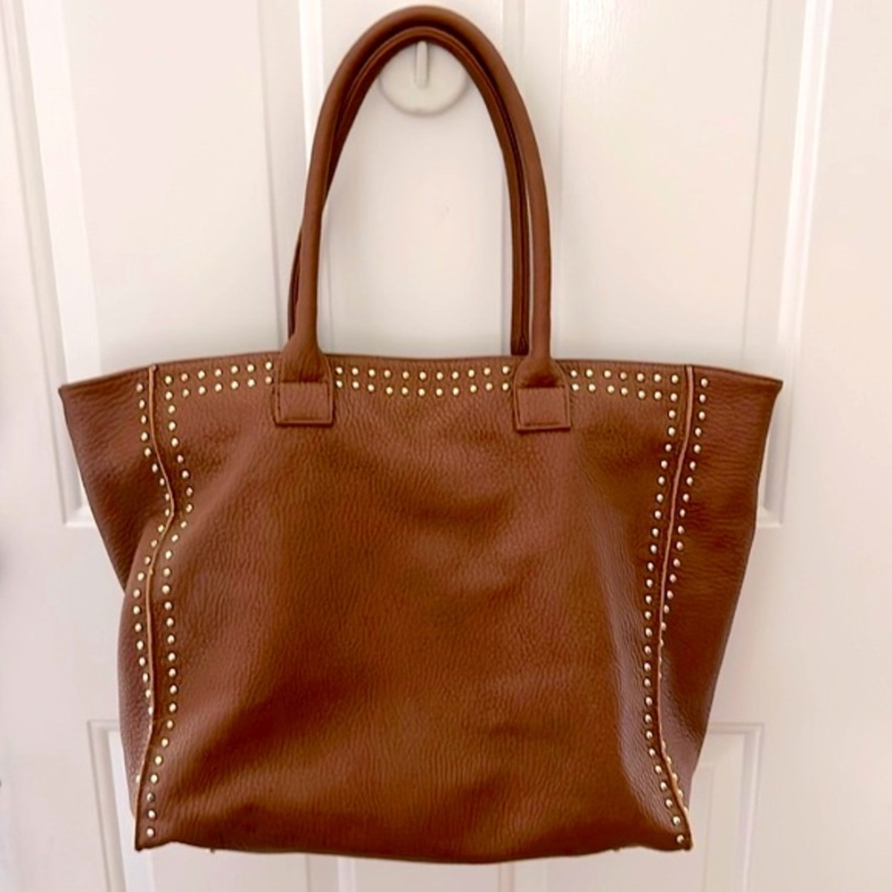- Studded Trim Faux Leather Tote Bag Cognac